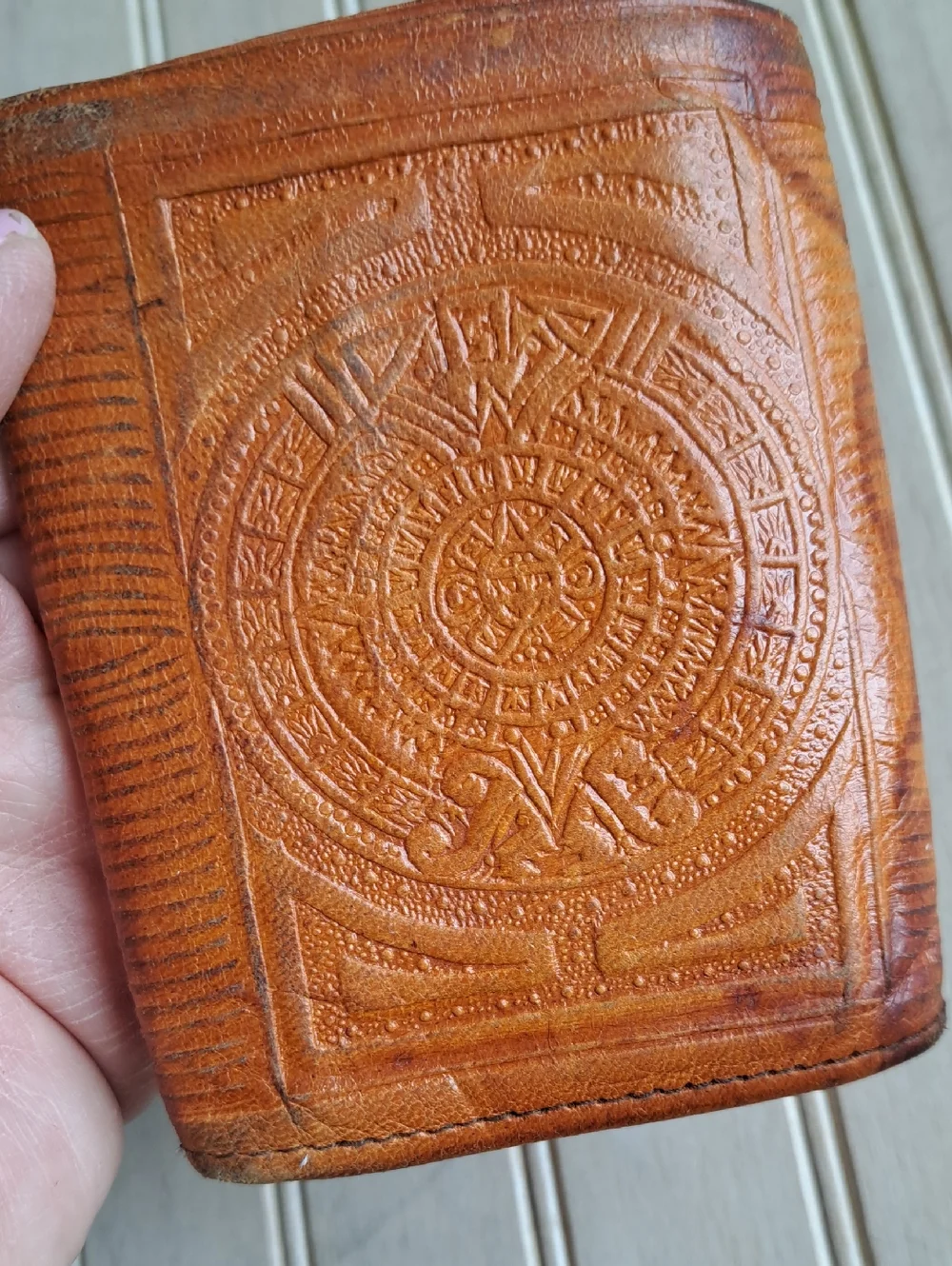 Vintage Handmade Mexican Tooled Leather Trifold Wallet Aztec Mayan Eagle Boho
